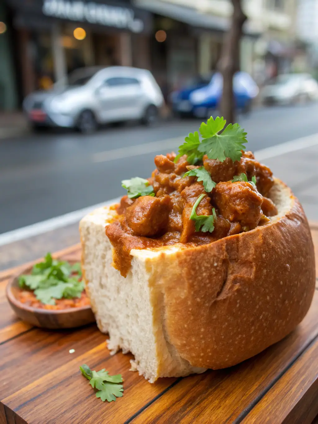 A vibrant photo of a Bunny Chow, a hollowed-out loaf of bread filled with flavorful curry, showcasing the rich sauce and tender meat.