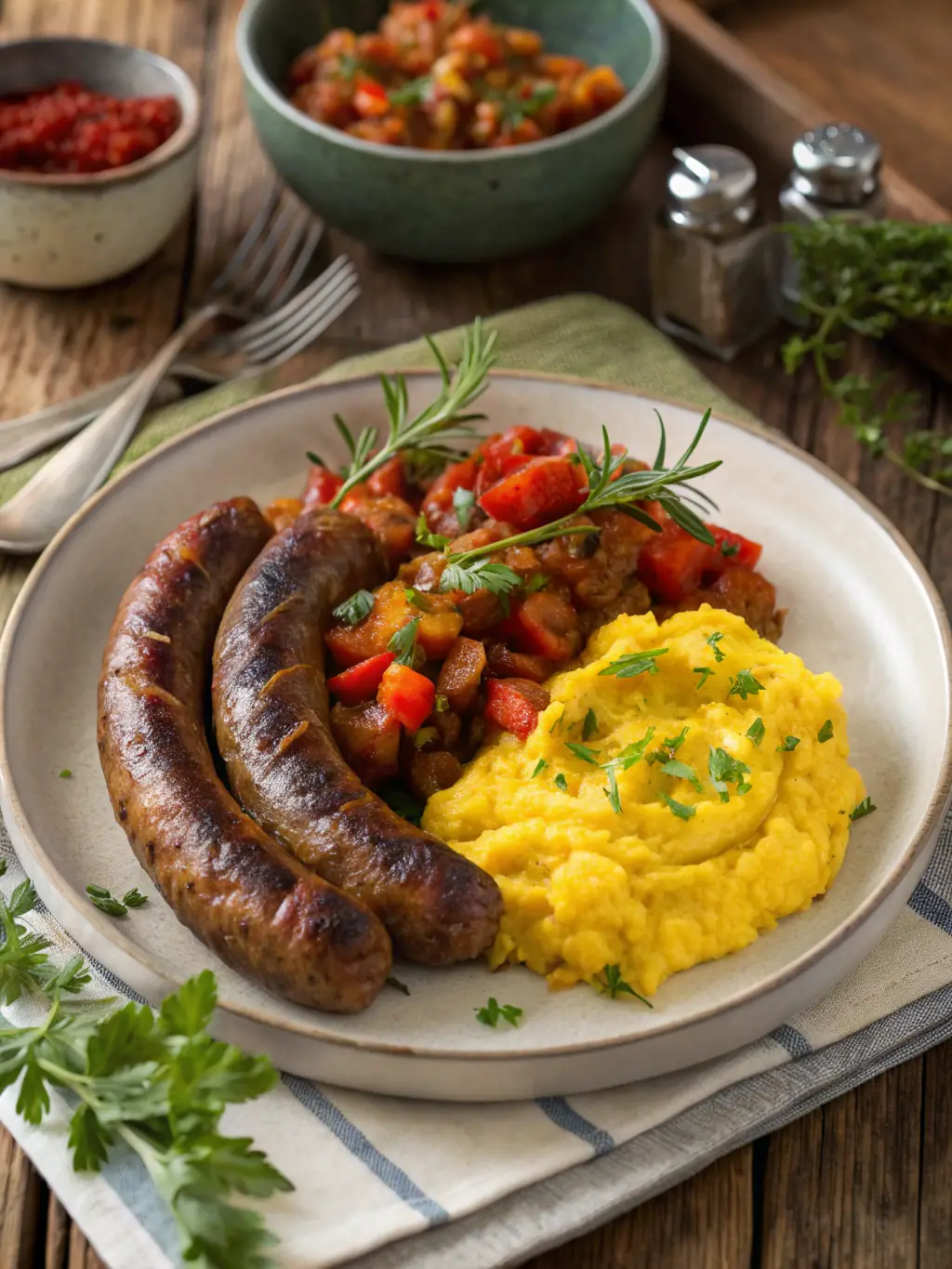 An appetizing image of Chakalaka, a spicy vegetable relish, served alongside grilled boerewors and pap.