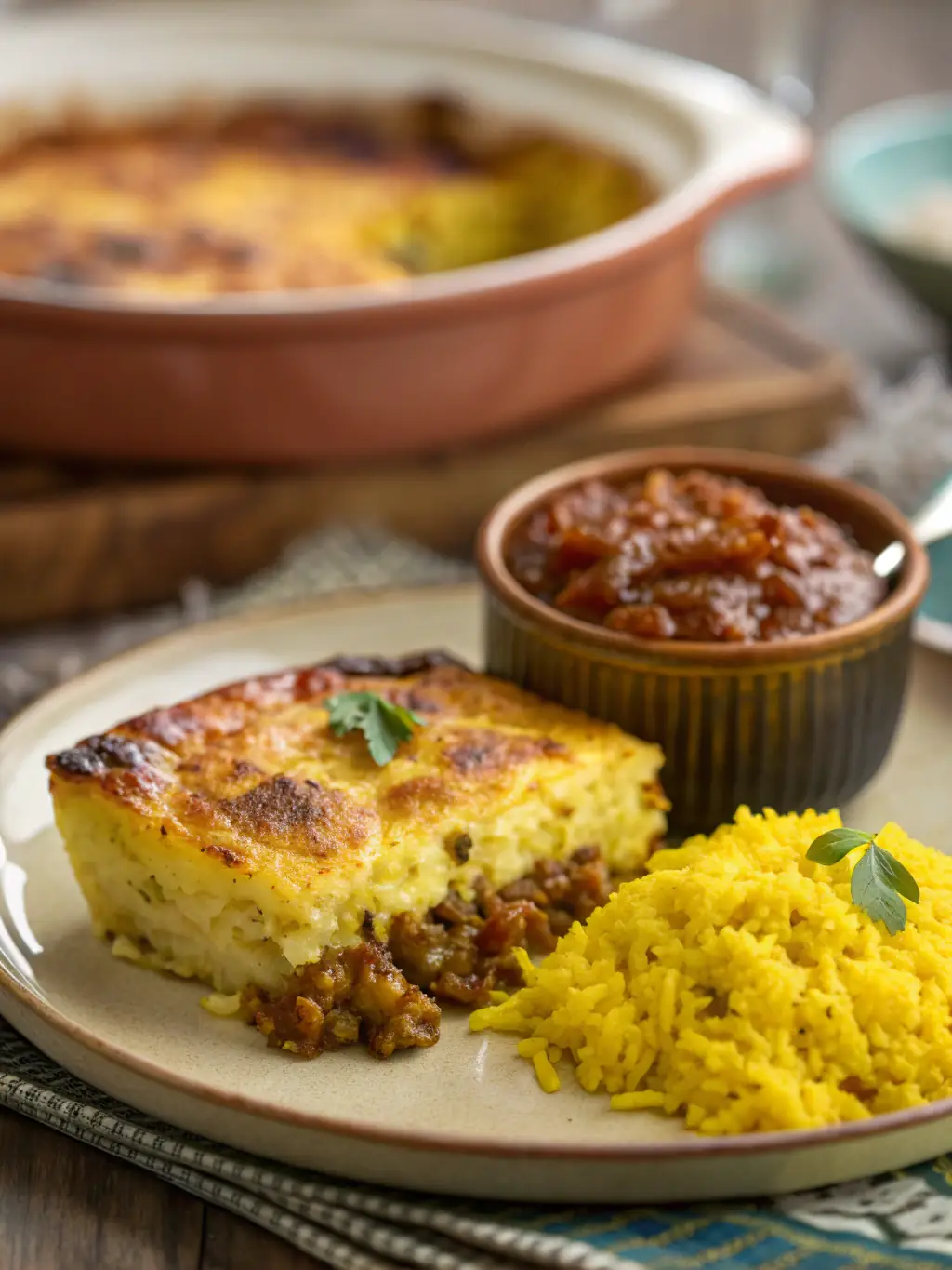 A close-up shot of a perfectly plated Bobotie, showcasing the golden crust and flavorful filling, served with yellow rice and chutney.