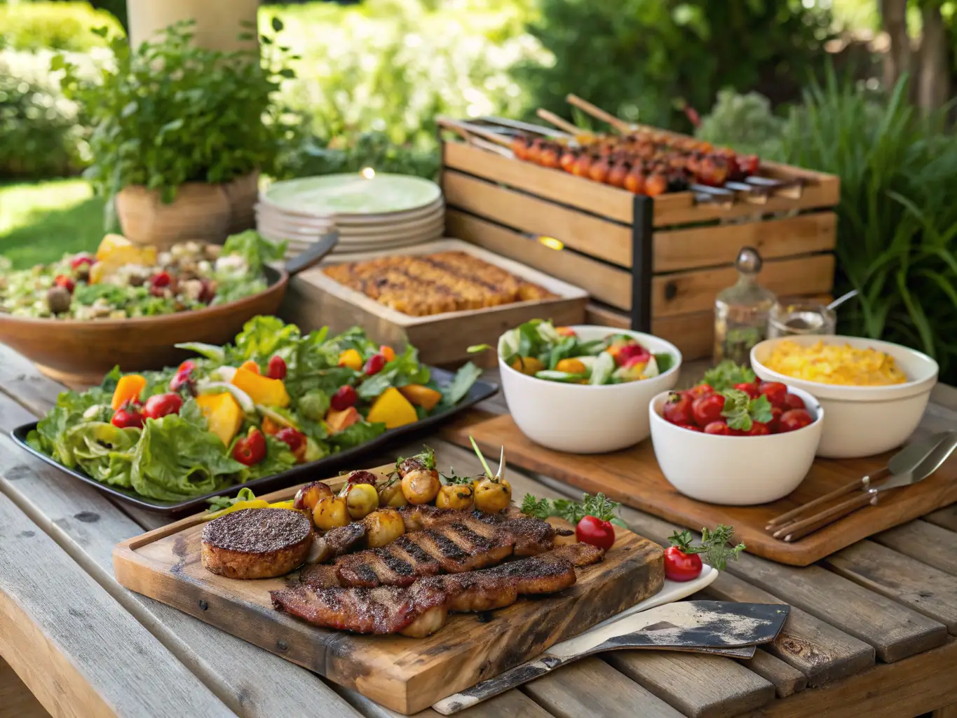 A festive image of a family enjoying a traditional South African braai, with a variety of grilled meats, salads, and side dishes displayed on a large table.