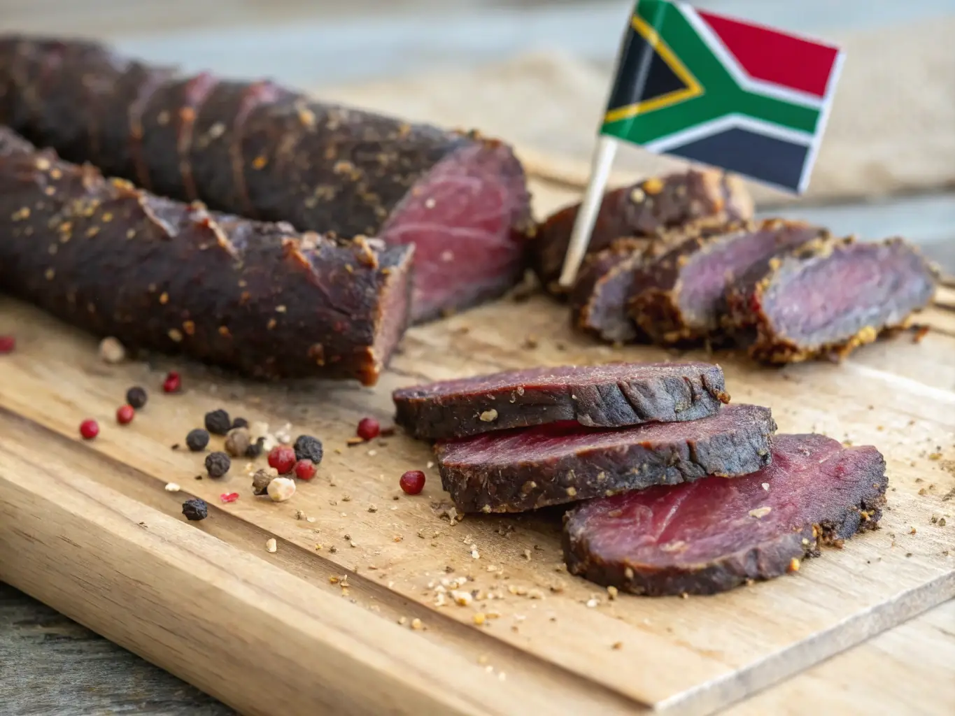 A beautifully arranged food tray featuring a variety of South African snacks and appetizers, such as biltong, droëwors, and mini vetkoek, set against a backdrop of a relaxed outdoor gathering.