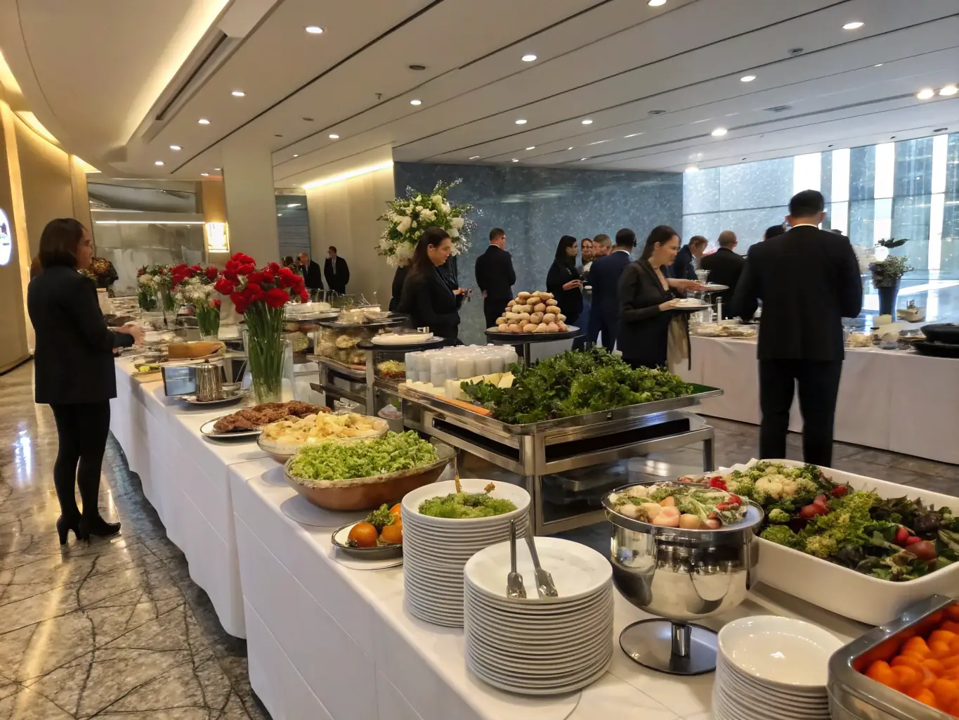 A professionally catered buffet setup at a corporate event, showcasing a variety of hot and cold dishes, salads, and desserts, with servers attending to guests.