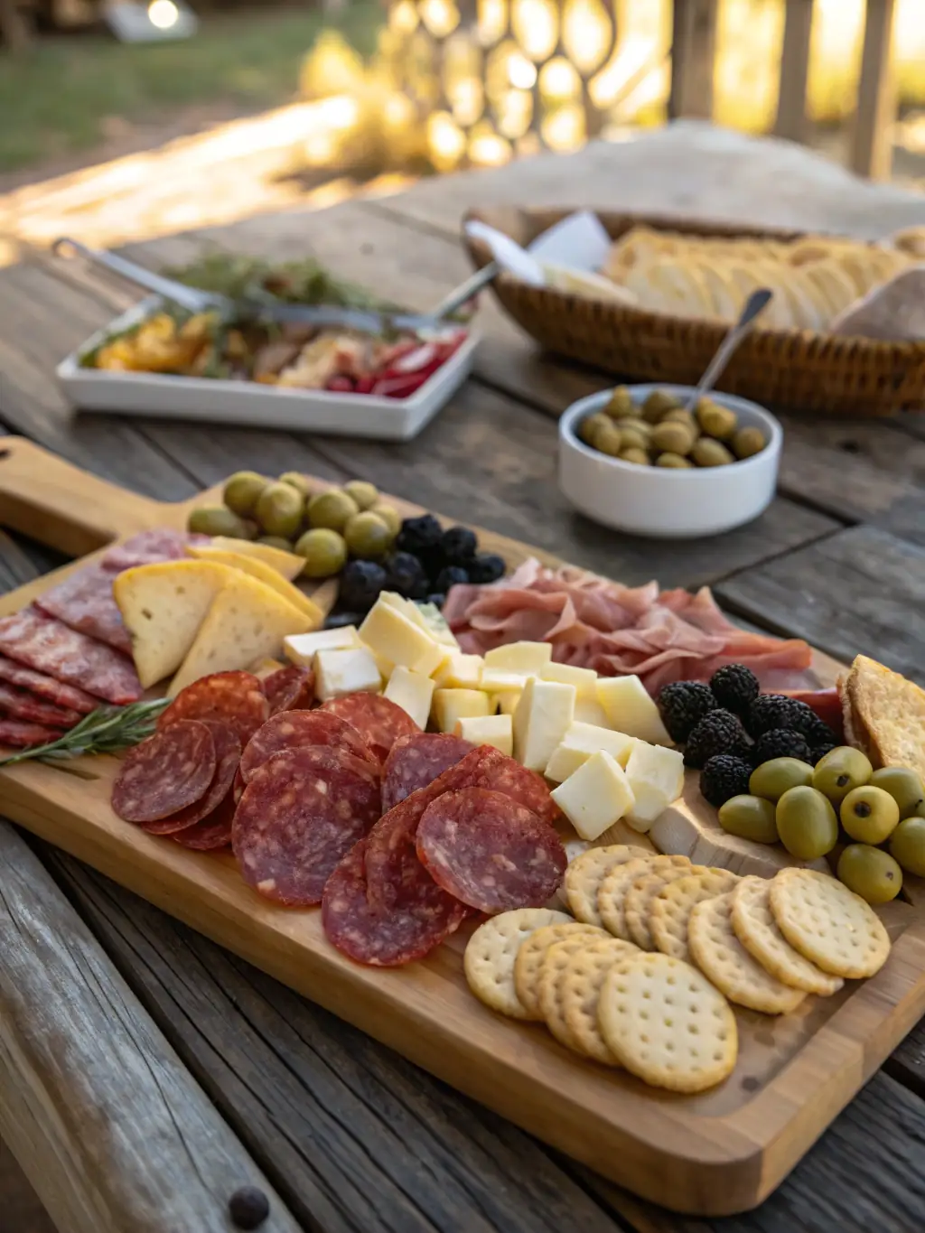 A beautifully arranged food tray featuring assorted South African snacks like biltong, droëwors, and koeksisters, garnished with fresh fruit.